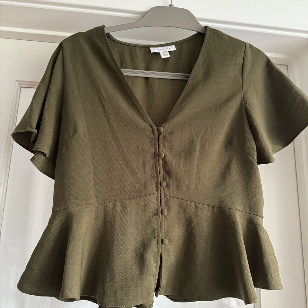 Topshop Khaki Button-Front Peplum Blouse
